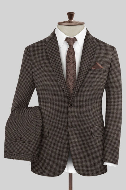 Modern Brown Plaid Notched Lapel Slim Fit Business Suits