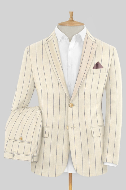 Beige Striped Classical Notched Lapel Linen Slim Fit Business Suits