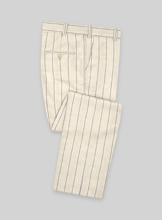 Beige Striped Classical Notched Lapel Linen Slim Fit Business Suits