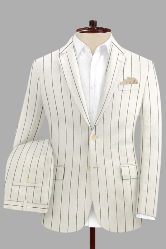 Trendy White Striped Notched Lapel Linen Slim Fit Business Suits