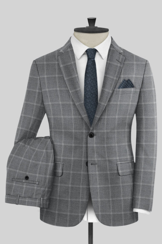 Stylish Gray Newest Plaid Notched Lapel Business Suits
