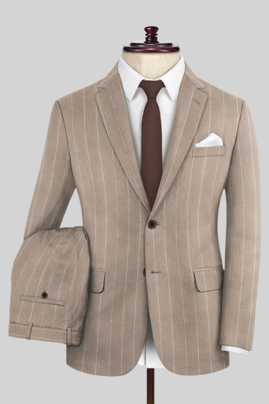 Khaki Modern Striped Notched Lapel Business Suits