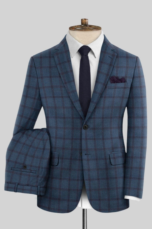 Glamorous Dark Blue Plaid Notched Lapel Business Suits