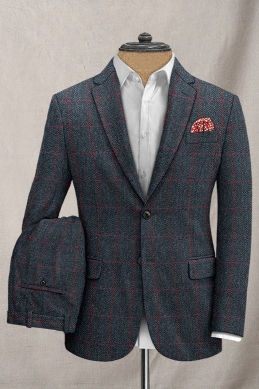 Slim Fit Dark Blue Plaid Notched Lapel Business Suits