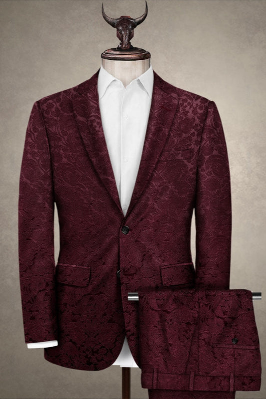 Stylish Burgundy Jacquard Notched Lapel Wool Business Men Suits