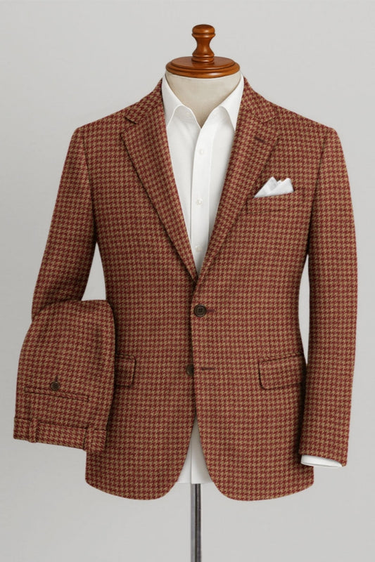 Modern Red Houndstooth Notched Lapel Wool Business Men Suits