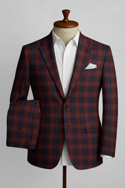 Glamorous Burgundy Notched Lapel Plaid Wool Business Men Suits