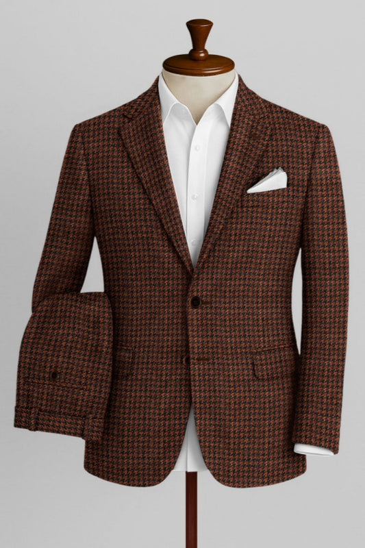 Handsome Brown Houndstooth Notched Lapel Wool Business Men Suits