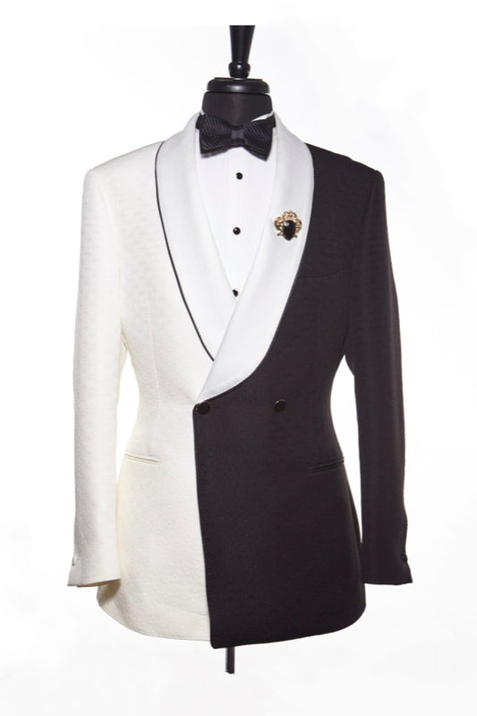 Bespoke Black And White Jacquard Double Breasted Shawl Lapel Wedding Suits