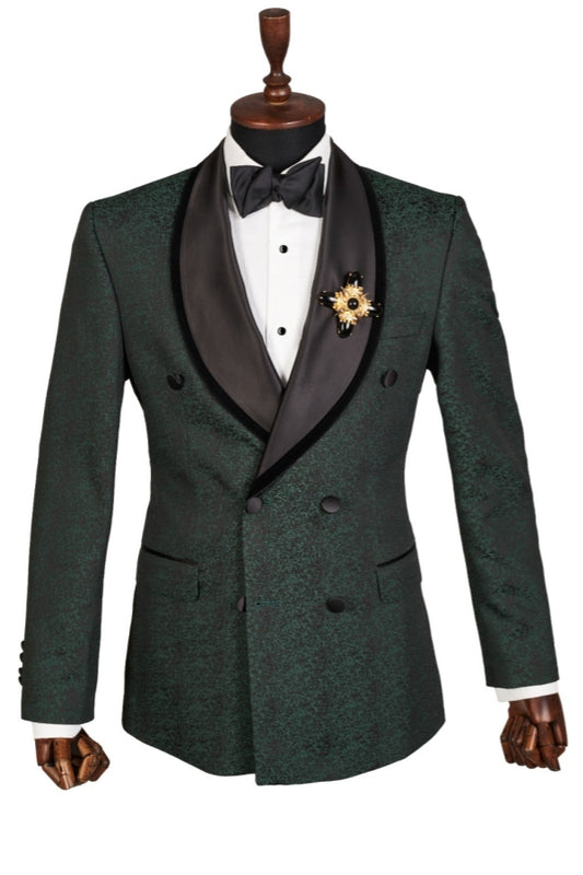 Popular Green Jacquard Double Breasted Shawl Lapel Wedding Suits