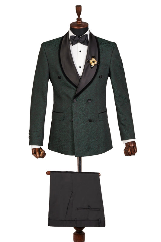 Popular Green Jacquard Double Breasted Shawl Lapel Wedding Suits