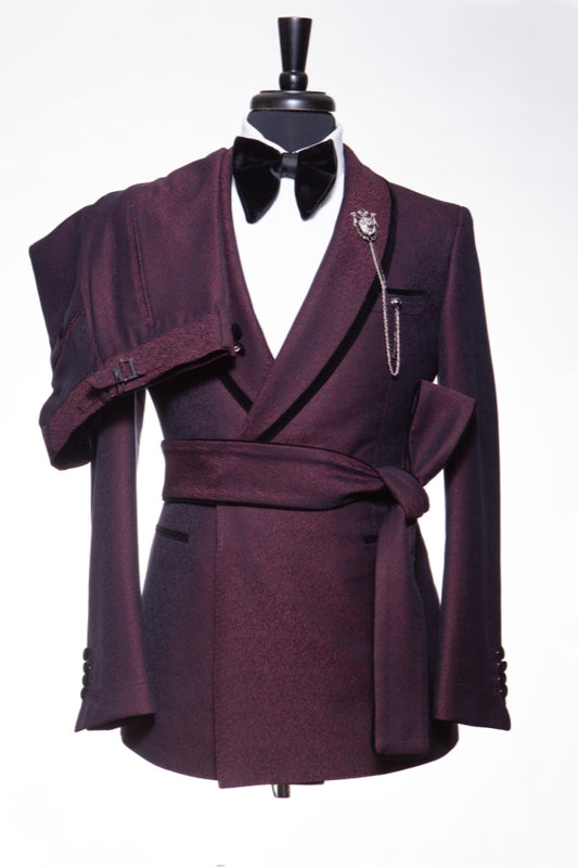 Purple Jacquard Double Breasted Shawl Lapel Wedding Suits With Belt