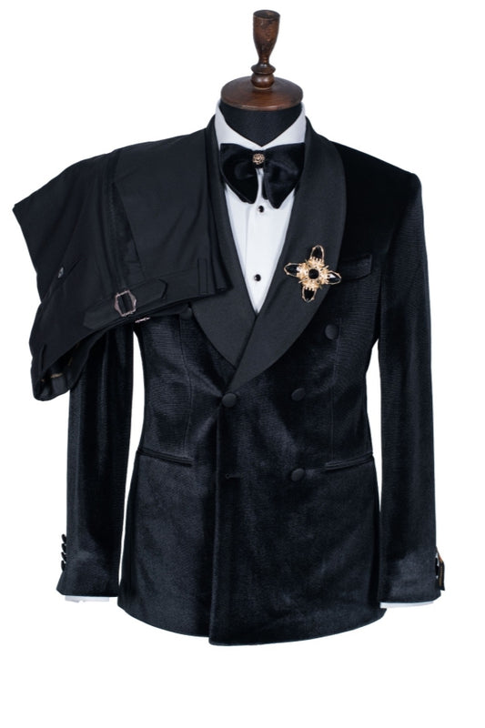 Fashion Black Velvet Double Breasted Shawl Lapel Wedding Suits