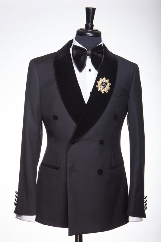 Bespoke Black Double Breasted Velvet Shawl Lapel Wool Wedding Suits