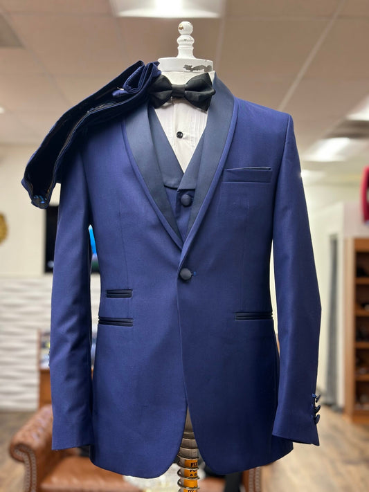 Chic Navy Blue One Button 3 Pieces Shawl Lapel Wool Wedding Suits