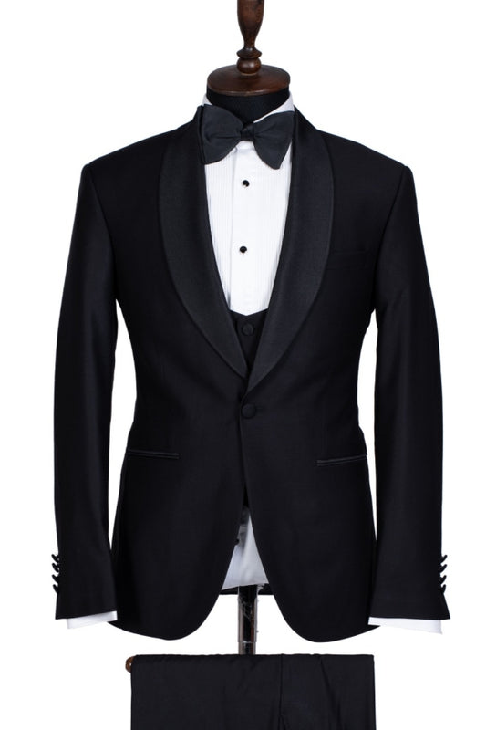 Best Fitted Black 3 Pieces Shawl Lapel Wool Wedding Suits
