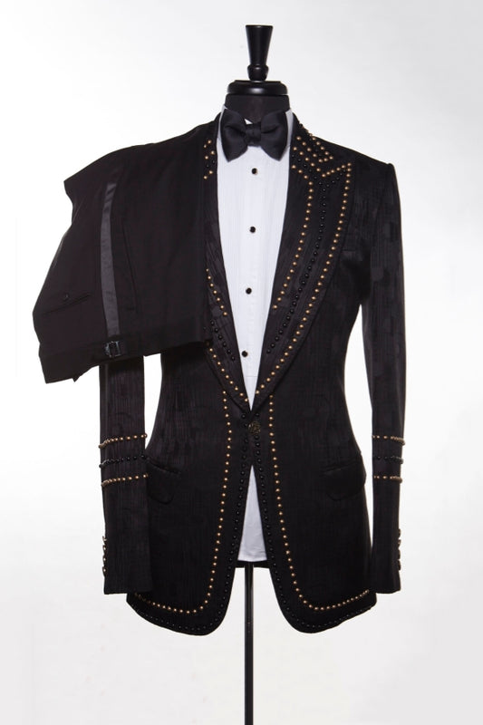 Classic Black Jacquard Peaked Lapel Beadings Prom Suits
