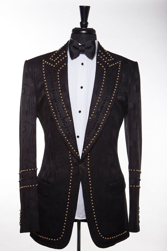 Classic Black Jacquard Peaked Lapel Beadings Prom Suits