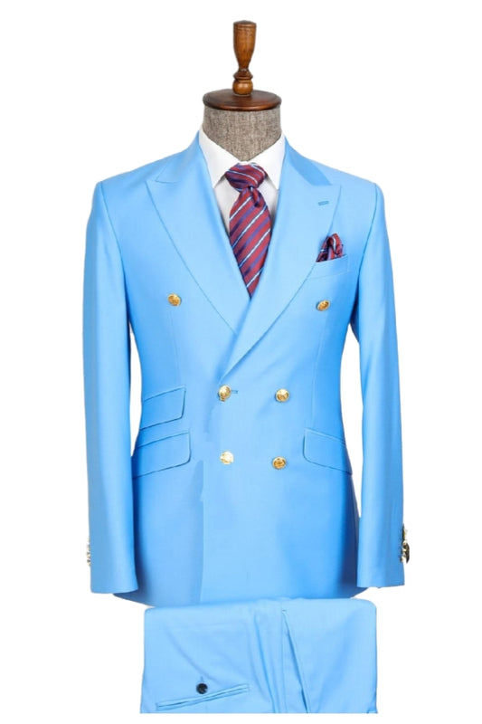 Modern Sky Blue Wool Double Breasted Peaked Lapel Prom Suits