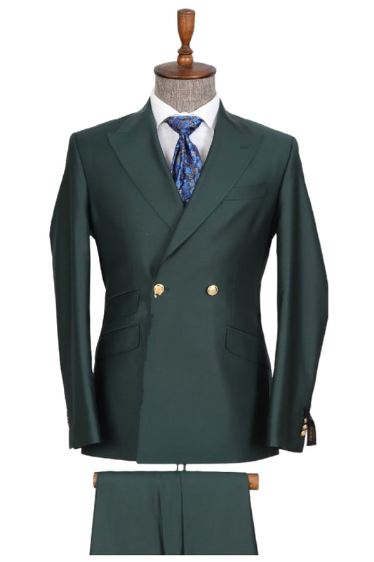 Handsome Green Wool Double Breasted Peaked Lapel Prom Suits