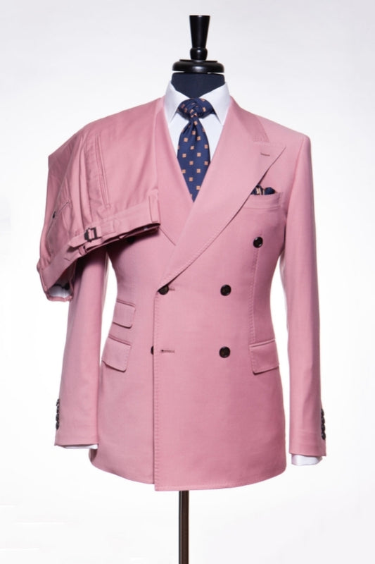 Best Fitted Pink Wool Double Breasted Peaked Lapel Prom Men Suits