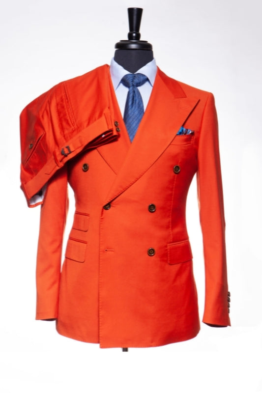 New Arrival Orange Double Breasted Peaked Lapel Wool Prom Men Suits