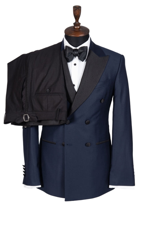 Dark Navy Double Breasted Black Peaked Lapel Wool Prom Men Suits