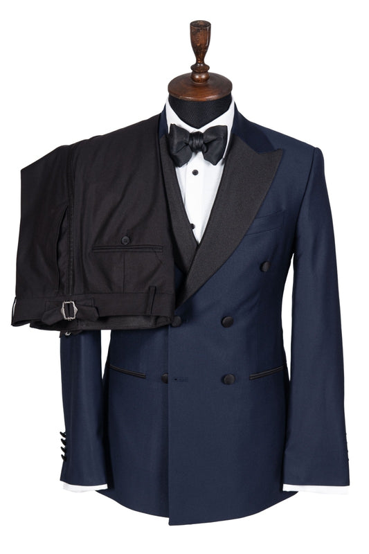 Dark Navy Double Breasted Black Peaked Lapel Wool Prom Men Suits