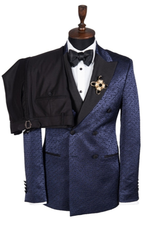 Popular Dark Navy Jacquard Peaked Lapel Double Breasted Prom Men Suits