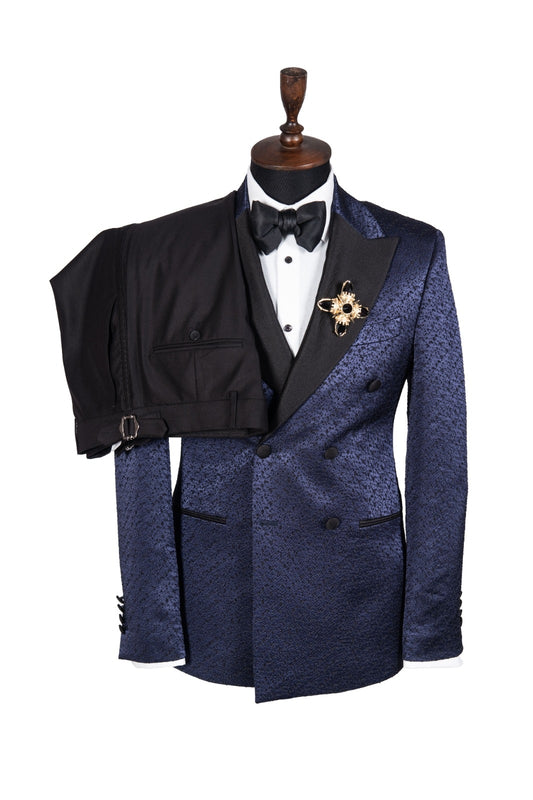 Popular Dark Navy Jacquard Peaked Lapel Double Breasted Prom Men Suits