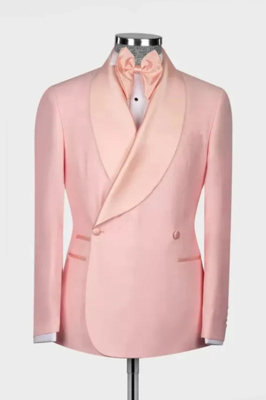 Glamorous Pink Double Breasted Shawl Lapel Wool Wedding Suits