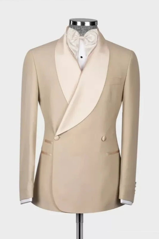 Chic Khaki Shawl Lapel Double Breasted Wool Wedding Suits