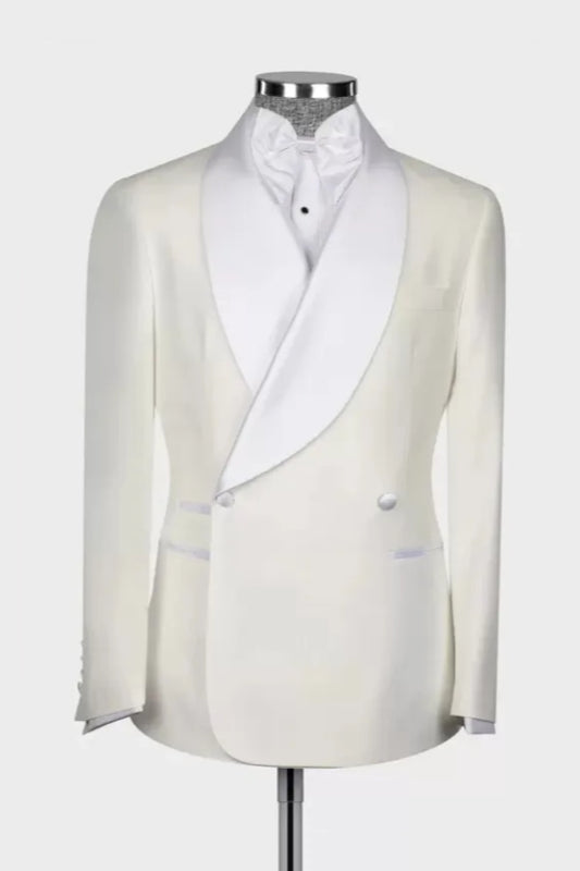 Modern White Shawl Lapel Double Breasted Wool Wedding Suits