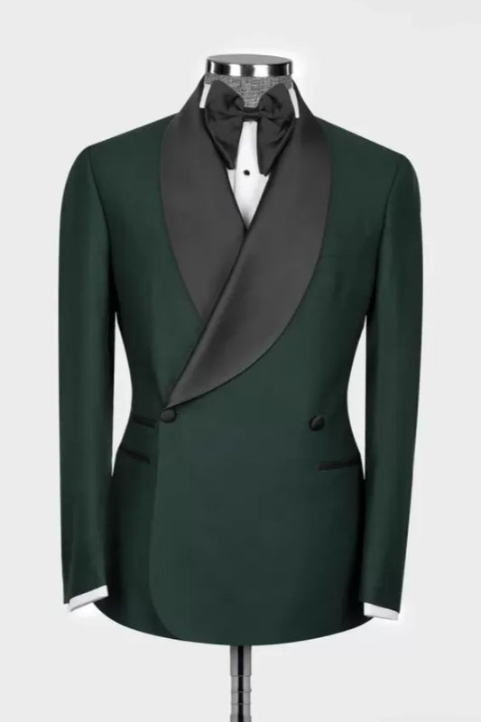 Gentle Dark Green Shawl Lapel Double Breasted Wool Wedding Suits