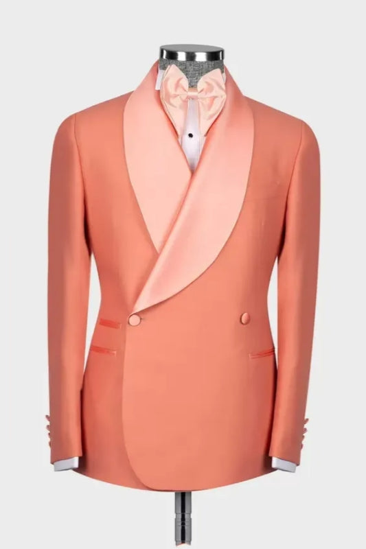 Best Fitted Coral Shawl Lapel Double Breasted Wool Wedding Suits