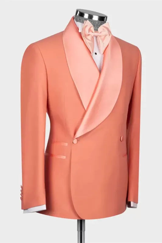 Best Fitted Coral Shawl Lapel Double Breasted Wool Wedding Suits
