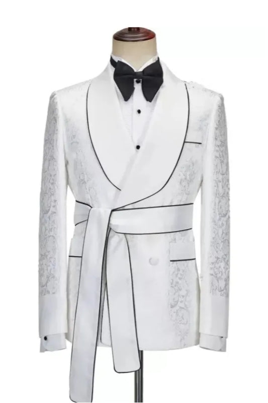 White Jacquard Double Breasted Shawl Lapel Wedding Suits With Belt
