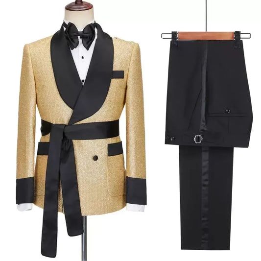 Fashion Gold Sequined Double Breasted Shawl Lapel Wedding Suits With Belt