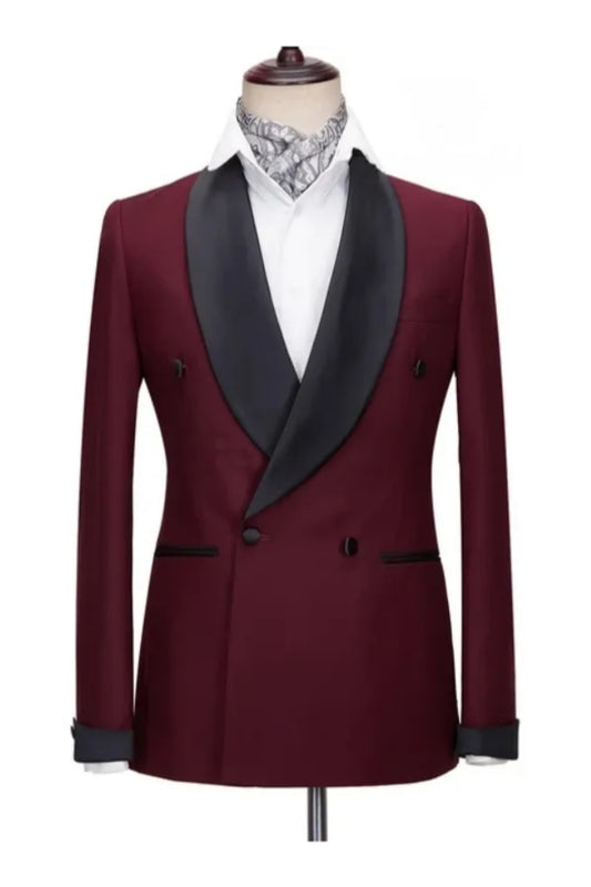 Charming Burgundy Double Breasted Shawl Lapel Wool Wedding Suits