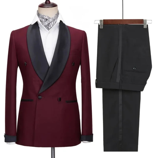 Charming Burgundy Double Breasted Shawl Lapel Wool Wedding Suits