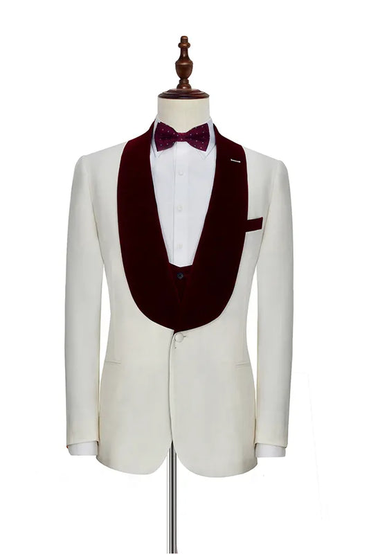 White Wool Burgundy Velvet Shawl Lapel Wedding Suit With Waistcoat