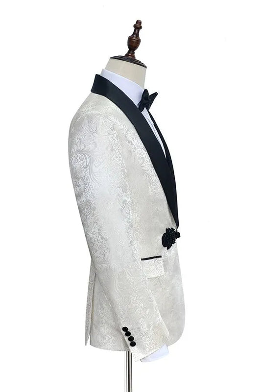 White Jacquard Knitted Button 3 Pieces Shawl Lapel Wedding Suits