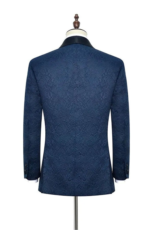 Bespoke Navy Blue Jacquard Black Shawl Lapel Stylish Wedding Suits