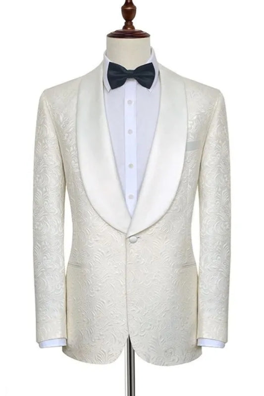 White Popular One Button Jacquard Shawl Lapel Wedding Suits
