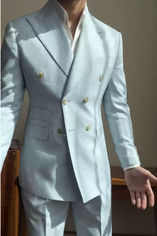 Chic Light Blue Double Breasted Peaked Lapel Wool Prom Men Suits
