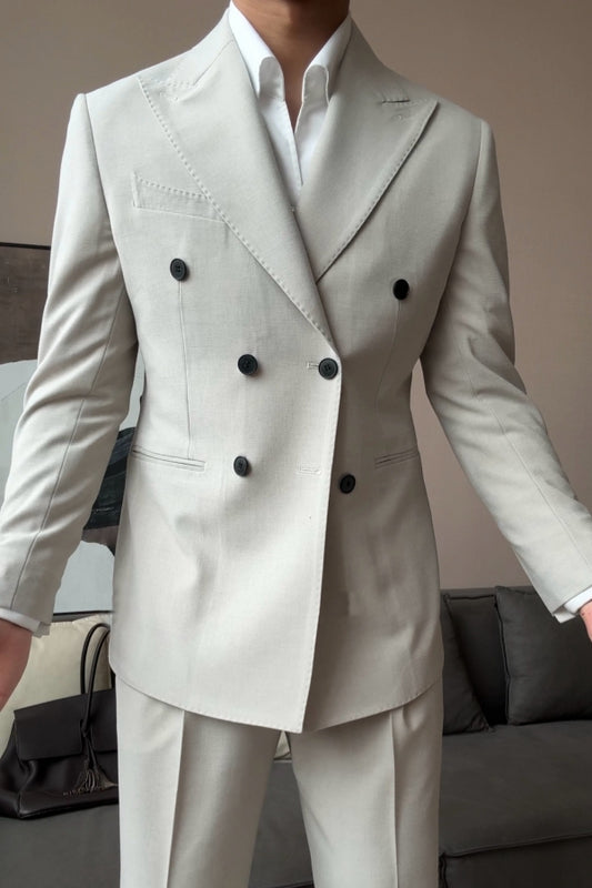 Trendy Beige Newest Peaked Lapel Double Breasted Wool Prom Men Suits