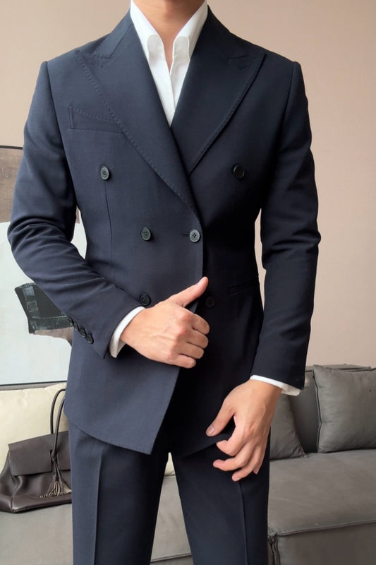 Bespoke Dark Blue Peaked Lapel Double Breasted Wool Prom Men Suits