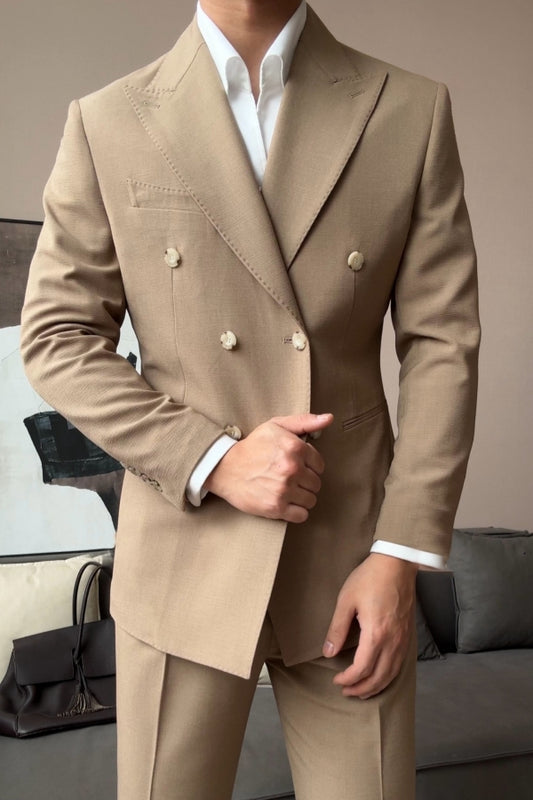 Khaki New Arrival Chic Peaked Lapel Double Breasted Wool Prom Men Suits
