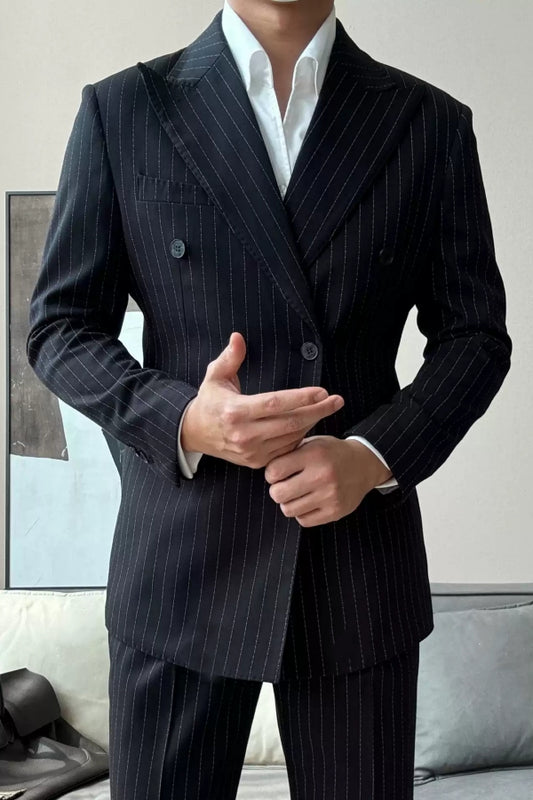 Handsome Black Pinstriped Peaked Lapel Double Breasted Wool Prom Suits