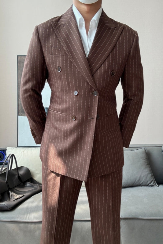 Fancy Brown Pinstriped Peaked Lapel Double Breasted Wool Prom Suits